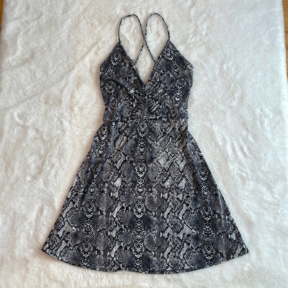 Express snake skin cross strap mini dress